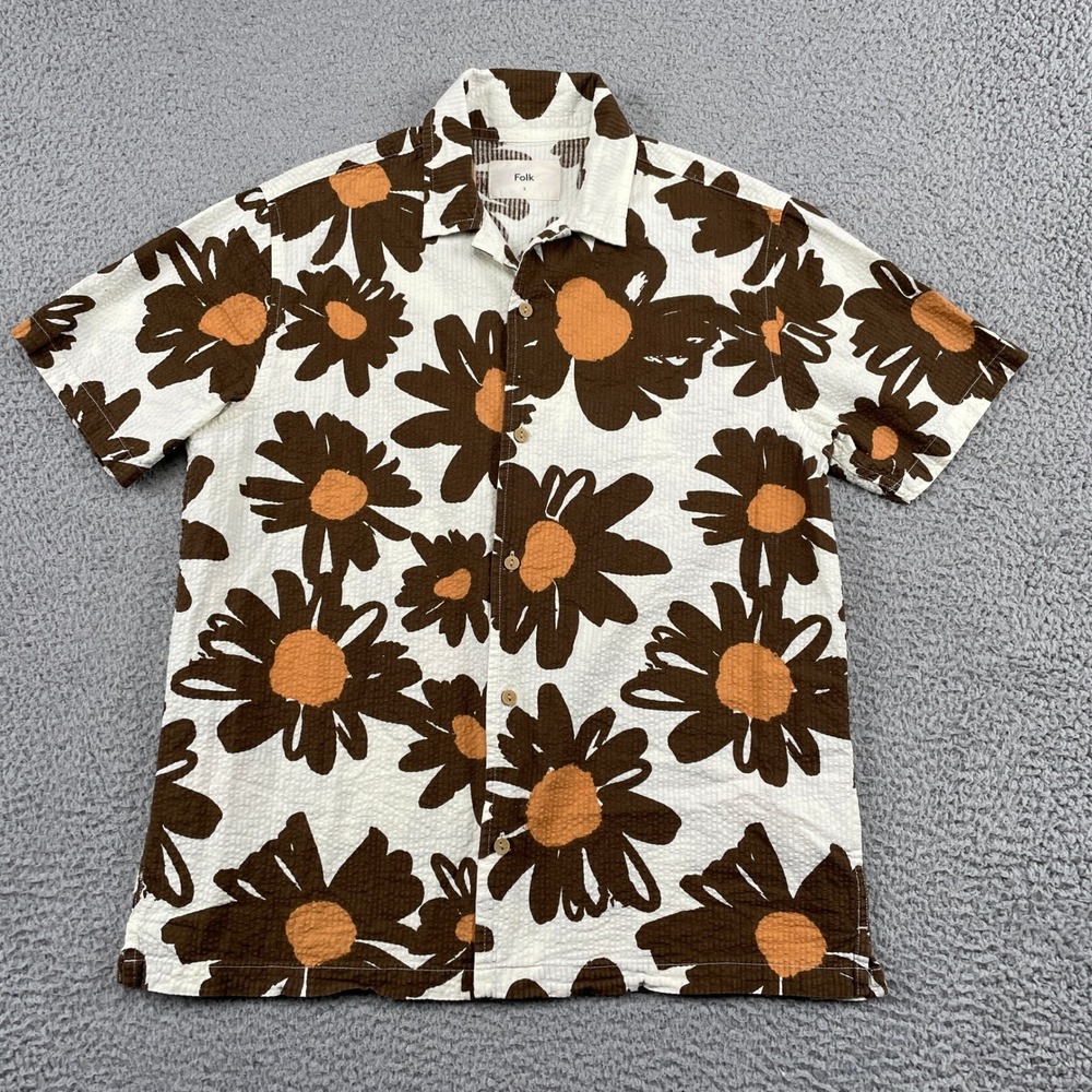 Folk Button Up Shirt Mens S Brown Floral Seersucker Short Sleeve Casual Cotton